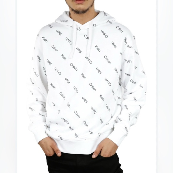 Calvin Klein Hoodie Mens Size Xtra Large White Logo Pullover Fleece Sweatshirt - Picture 1 of 11